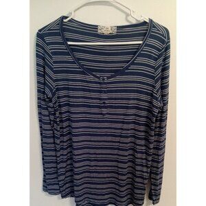 Pink Republic Dark Blue Ivory Striped Long Sleeve Henley Womens Size Large